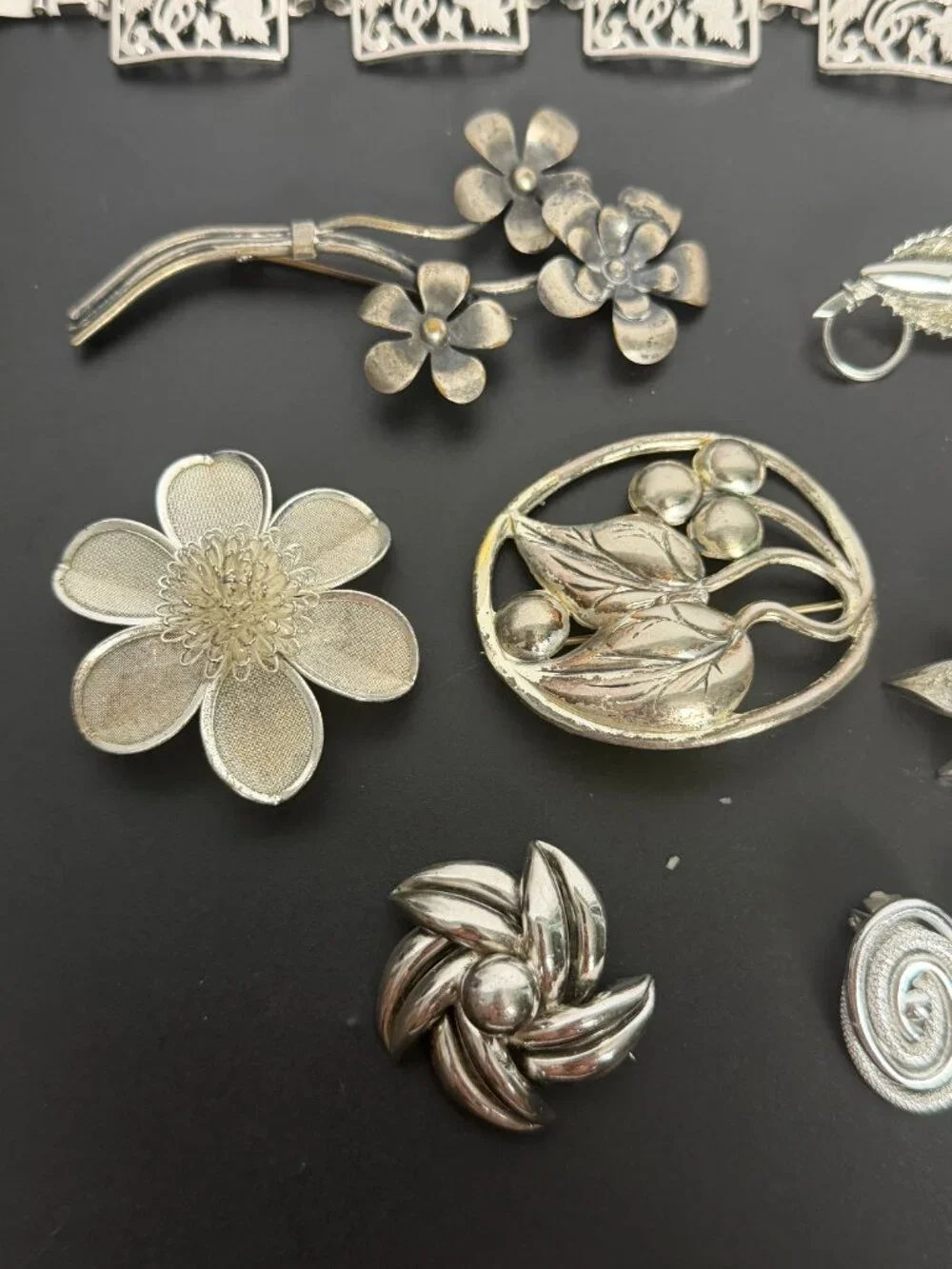 Vintage Botanical Silver Tone Mixed Lot Brooch, Earrings, Bracelet 10pc